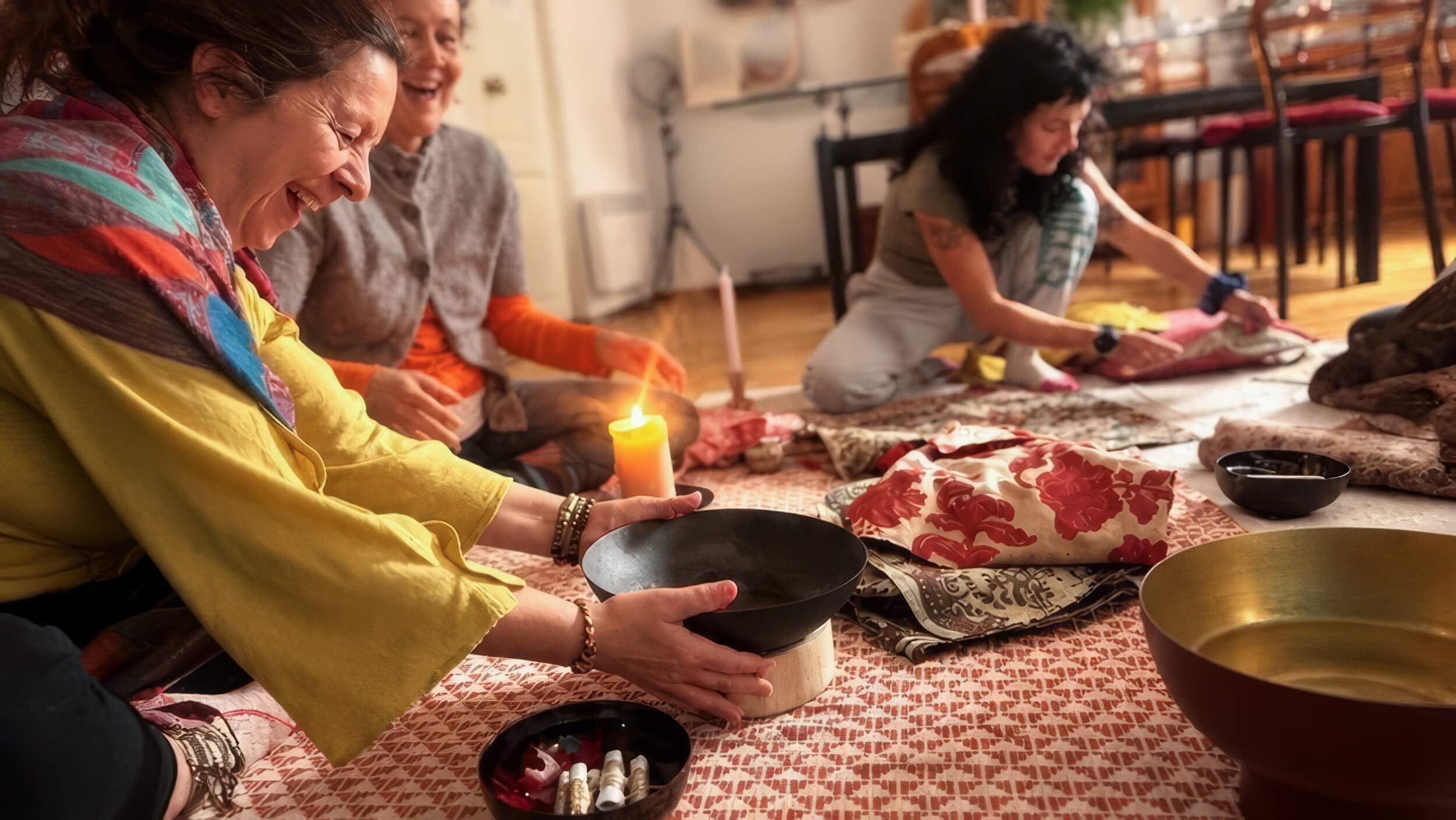 Donne sorridenti sedute a terra preparano un rituale con una candela accesa e ciotole